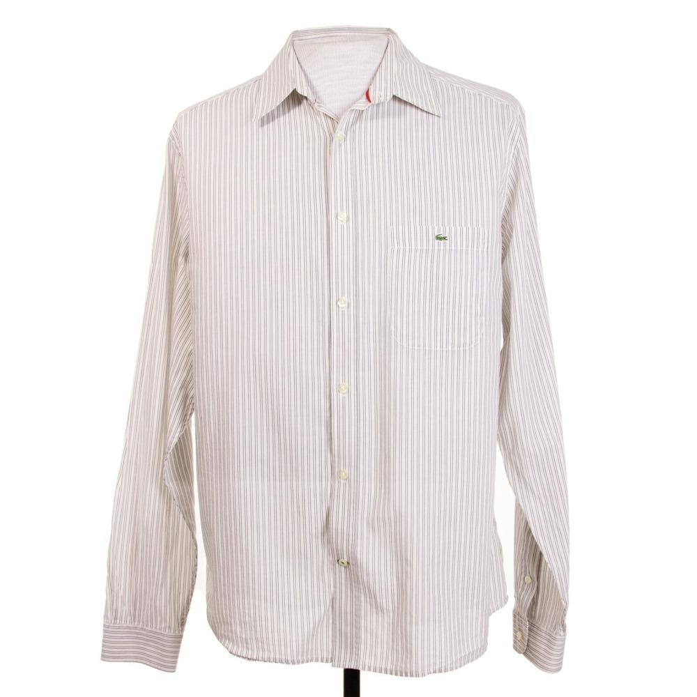 Lacoste Modern Fit Mens 42 Large Off White Stripe Logo LS Button Front Shirt